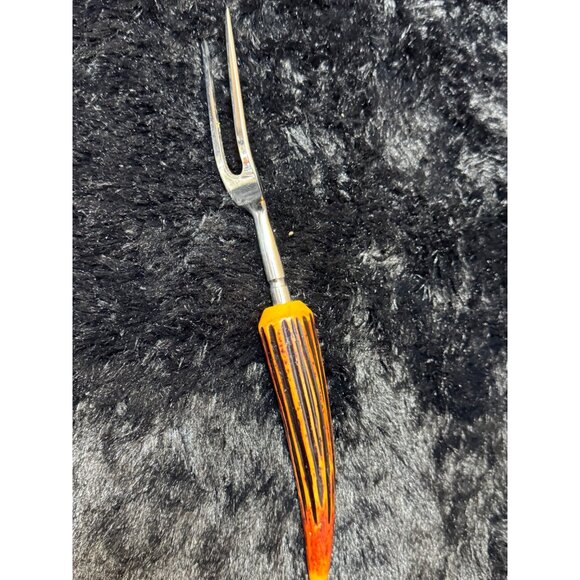 Vintage Butterscotch Bakelight Carving Fork With Orange & Black Striped Handle - Picture 4 of 6